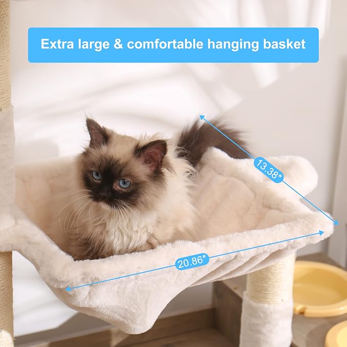 Hey-brother Cat Tree Tower, Food Station, XL Litter Box Enclosure, MPJ101SG | 48.81 Inches Wooden All-in-one Cat Furniture, Large Hammock, Bed, Scratching Posts, Big Basket for Indoor Cats, Rustic Gray