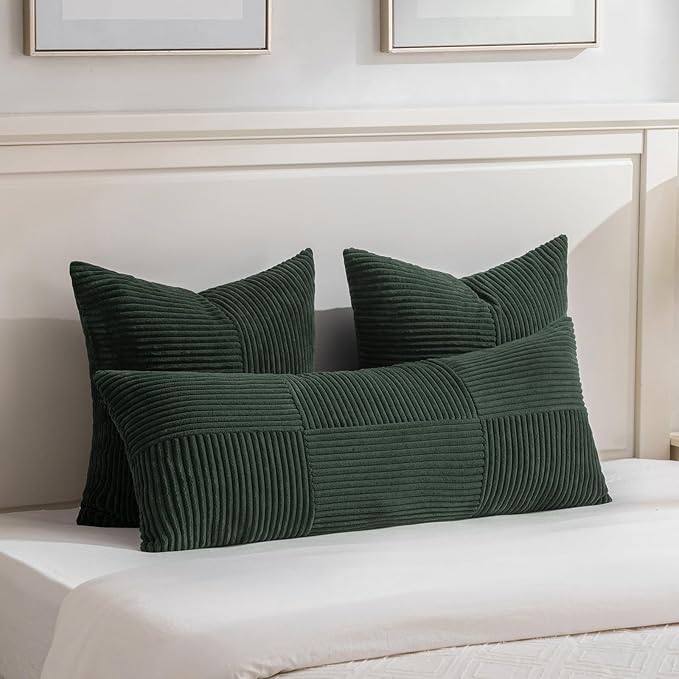 Fancy Homi Set of 1 Dark Green Boho Long Lumbar Body Decorative Throw Pillow Cover 14x36 Inch for Bed Couch Bedroom Bench, Soft Patchwork Corduroy Textured Pillow Case, Rustic Farmhouse Room Decor