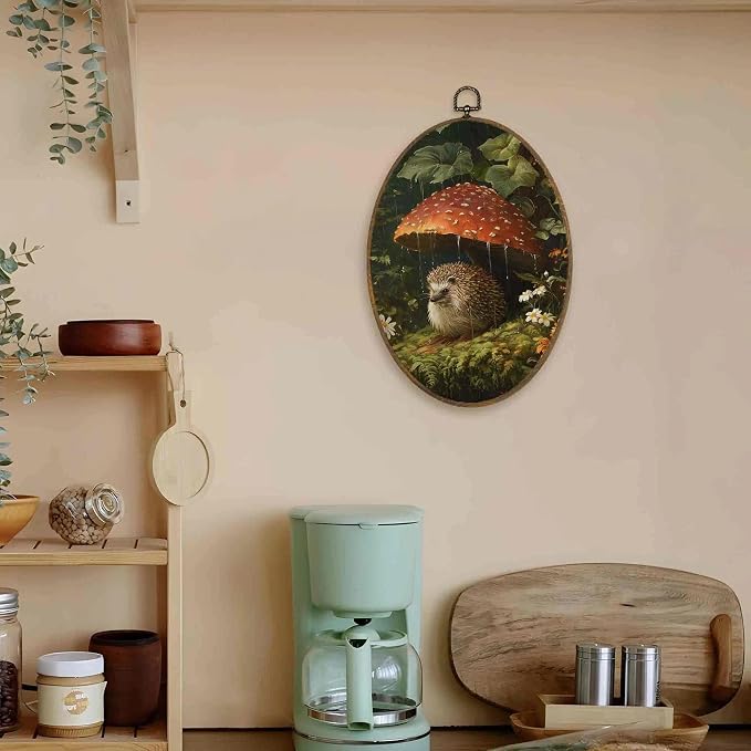 LKETW Vintage Whimsical Hedgehog Oval Wall Art Decor, Dark Cottagecore Oval Canvas Hanging Decor, Moody Botanical Hedgehog Mushroom Wall Decorations for Home Bedroom Living Room, 8.6x11.4 Inch