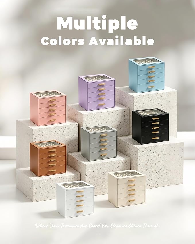 Homeanda Jewelry Boxes Organizer with Glass Lid, 5-Layer PU Leather, Pink | Modern style display case with 5 drawers for daily jewelry, women, mom or girl gift