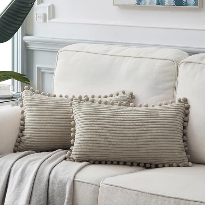 Fancy Homi Pack of 2 Boho Neutral Taupe Lumbar Decorative Throw Pillow Covers with Pom-poms, Soft Corduroy Solid Rectangle Cushion Cases Set for Couch Sofa Bedroom Car(12x20 Inch/30x50 cm)