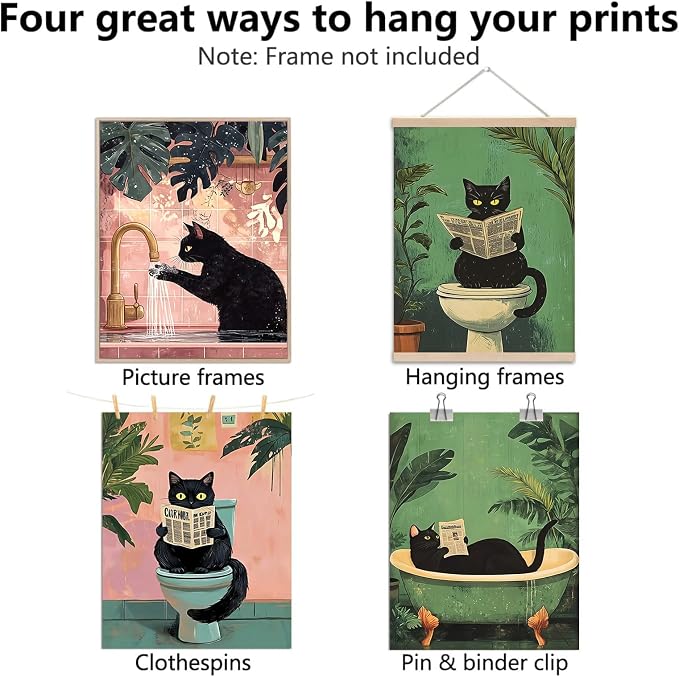 KBKBART 6pcs Funny Cat Bathroom Wall Art Prints Poster Unframed, 8x10 inch | Canvas Wall Decor, Black Cat Pictures Bathroom Toilet Art, Vintage Painting Artwork, for living room bedroom