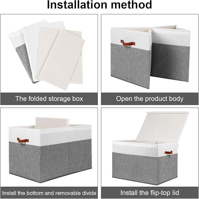Large Toy Storage Box with Lid, Toy Chest Bin Boxes Basket with Dividers | Sturdy Toy Organizer Bin for Kids, Boys, Girls, Nursery, Living Room, Bedroom, Playroom 26"x17" x17" (Grey and White)