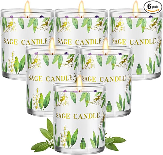 Candles, 6 Pack Sage Candle for Cleansing House Negative Energy, Scented Candles Gifts Set for Women, Crystal Candle Clearance with Crystal Healing Stones, Alternative to Smudge Sticks, Relax & Mind