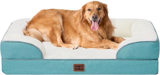 EHEYCIGA Orthopedic Extra Large Dog Bed, Waterproof Washable XL Pet Bed 44" | Non-Slip Bottom and Egg-Crate Memory Foam Big Dog Couch Bed with Washable Removable Cover, Turquoise Blue, 44Inch