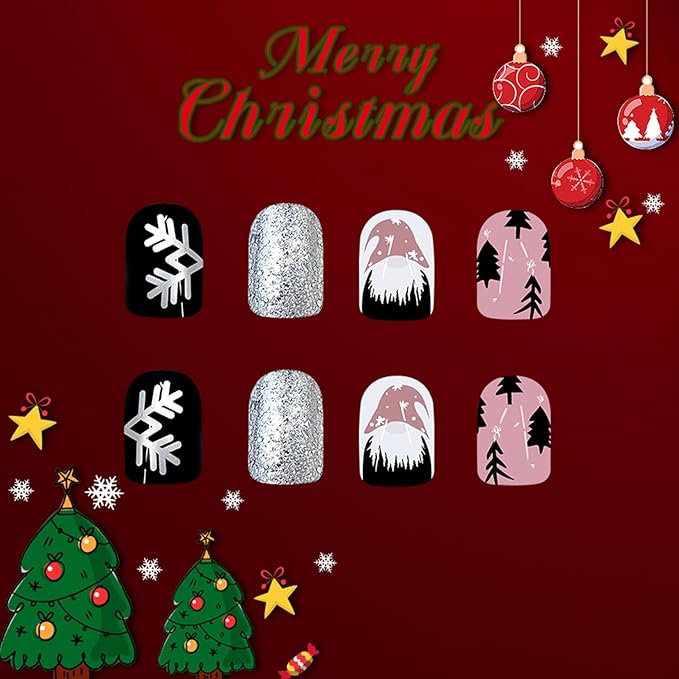 Christmas Gnome Press on Nails Funny Snowflake Christmas Tree False Nails Glossy Full Cover Xmas Glue on Nails Short Square Winter Acrylic Fake Nails for Women Girls