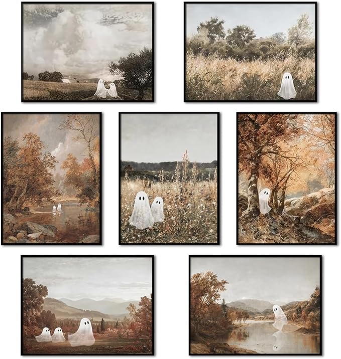 Mynotix Funny Halloween Poster Set of 7, Cute Ghost Country Landscape Wall Art, Vintage Haunted Forest Canvas Painting Print Pictures for Bedroom Living Room Dorm Unframed 8x10 inch
