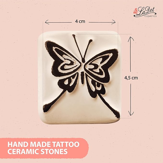 LaDot Starter Ink Pad and Two Butterfly Temporary Tattoo Stamp Set, Skin-Friendly Body Ink 15 ml, Reusable Ceramic Skin Stamps