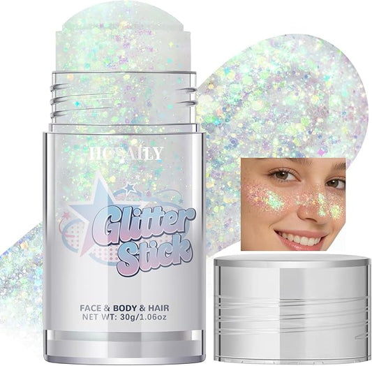 Mermaid White Body Glitter Stick, Holographic Fairy Costume Makeup Face Hair Glitter Stick Rave Outfits for Women, Shimmer Face Paint Singer Concert Festival Party Accessories, 1.06 OZ