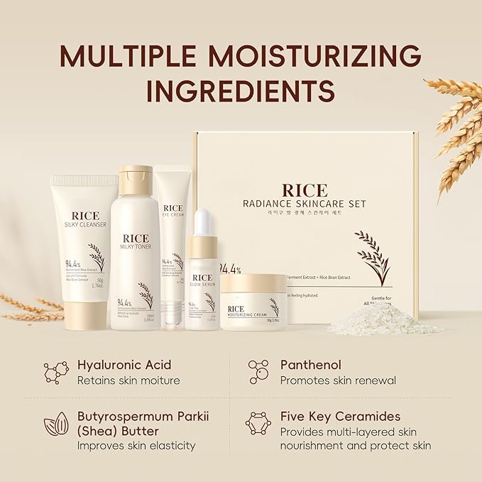 Moisturizing Korean Rice Skin Care Set – Radiance Skincare 5-Step Routine with Rice Cleanser, Toner, Serum, Face Cream, Eye Cream, Hyaluronic Acid & Ceramides for Glowing Skin, All Skin Types