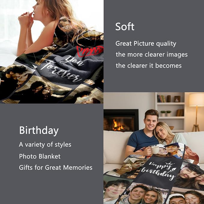 DayOfShe Custom Blanket Birthday Gifts for Boyfriend and Girlfriend Couples Personalized Blankets with Photos Gifts for Wife Husband Family