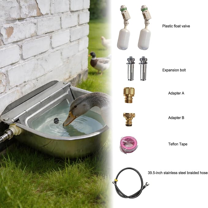 Automatic Water Bowl 304 Stainless Steel Pet Water Dispenser Dog Feeder Waterer for Large Dogs with 40" Steel Hose, 2 Float Valve, Copper Connector Adapter, 2 Bolts (Without Drainage Hole)