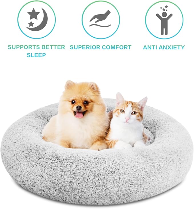 SAVFOX 45 inches Calming Donut Dog Bed - 3X Durable Plush Faux Fur, Machine Washable & Non-Slip, Fits up to 150 lbs, Light Grey