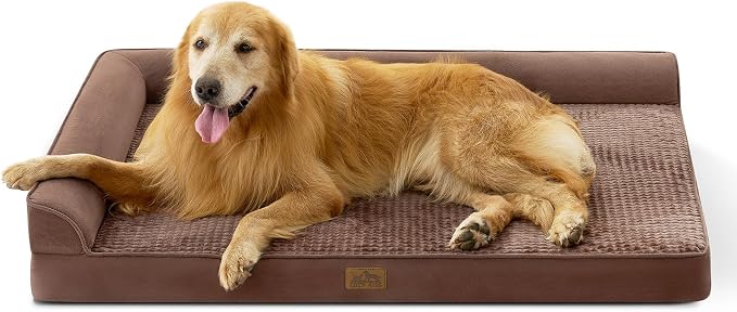 COZY KISS Orthopedic Dog Bed for Extra Large Dogs, L Shaped XXL 48x35 inch | Non-Slip Bottom Soft Pet Sofa with Washable Removable Waterproof Cover, Egg-Crate Foam Couch with Portable Handle, Brown