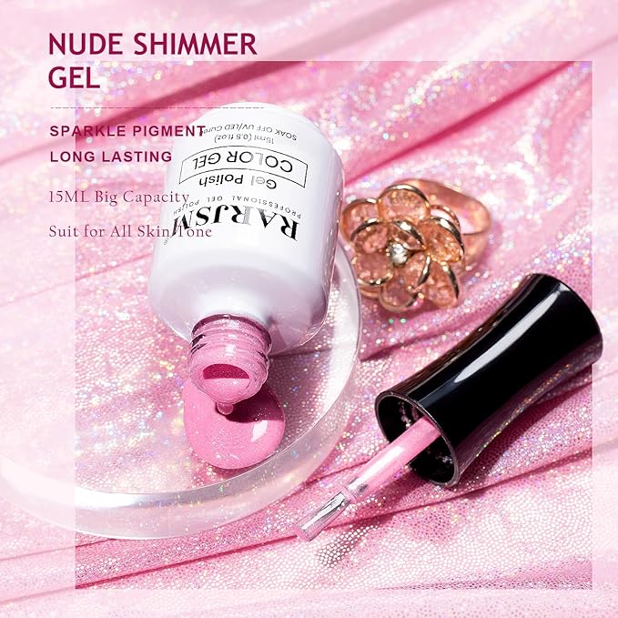 RARJSM Nude Hot Pink Iridescent Gel Nail Polish - Sheer Bright Neon Pink Glitter Jelly Gel Polish - Neutral Shimmery Summer Color Sparkle Rainbow Pigment - 15ml Soak off Cured Need for Home Salon DIY