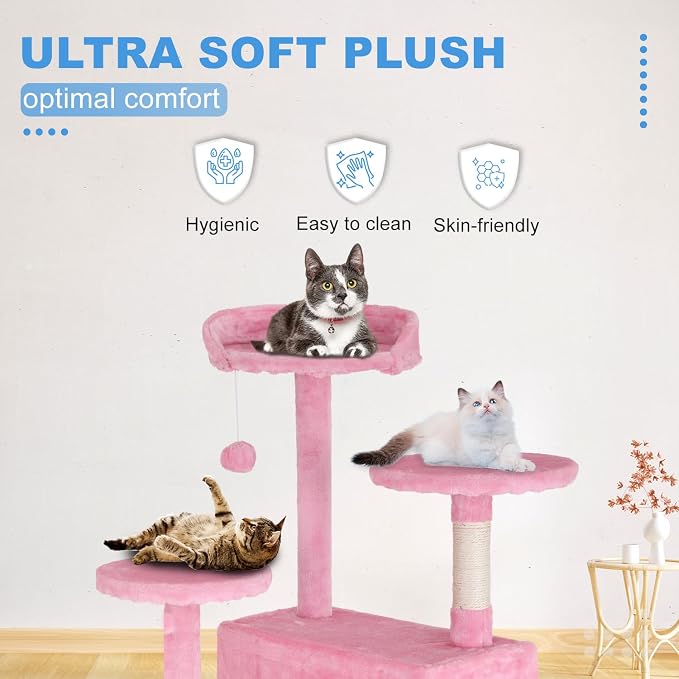 FDW | 54" Cat Tree Tower | Pink | Multi-Level Indoor Activity Center | with Sisal Scratching Posts, Condos, Plush Perches, Hanging Cat Toys | Sturdy, Easy to Assemble | for Kittens & Adult Cats