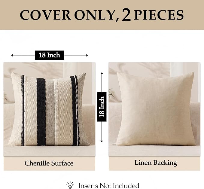 ANRODUO Boho Decorative Pillow Covers 18x18 Pack of 2 Black-White Stripe 2 | Throw Pillow Covers, Farmhouse Cushion Case, Chenille Pillow Cases, Pillow Covers, Neutral Pillowcase for Sofa Couch Bed