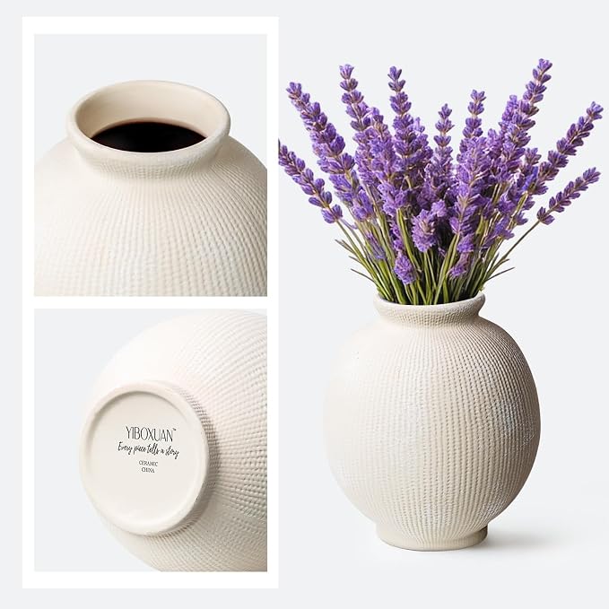Ceramic Decorative Flower Vase - Rustic Farmhouse Boho Ceramic Vase for Home Decor, Table Centerpiece, Living Room, Bathroom, Book Shelf, Mantel Decoration, Wedding Decor (6.8" White)
