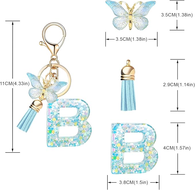 Fashion Alphabet Initial Letter Keychain Tassel Butterfly Pendant Key Ring for Purse Handbags Women Girl