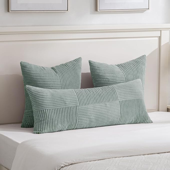 Fancy Homi Grey Blue Big Decorative Throw Pillow Covers 24x24 Inch for Couch Bed Sofa, Rustic Farmhouse Boho Home Decor, Soft Corss Corduroy Patchwork Accent Square Cushion Case 60x60 cm