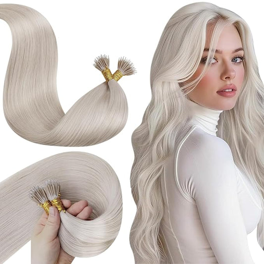 LaaVoo Nano Ring Hair Extensions Platinum Blonde Nano Bead Hair Extensions Human Hair Blonde 18IN 50s 50g