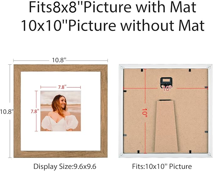 10x10 Picture Frame Set of 9, Display Pictures 8x8 with Mat or 10x10 without Mat, Multi Collage Gallery Square Photo Frames for Wall or Tabletop,Light Brown