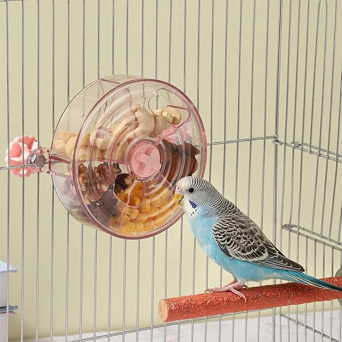 Bird Foraging Toy Interactive Slow Feeder with Rotating Treat Wheel Creative Enrichment Puzzle for Small & Medium Parrots Cockatiel Parakeet Conure - Pink