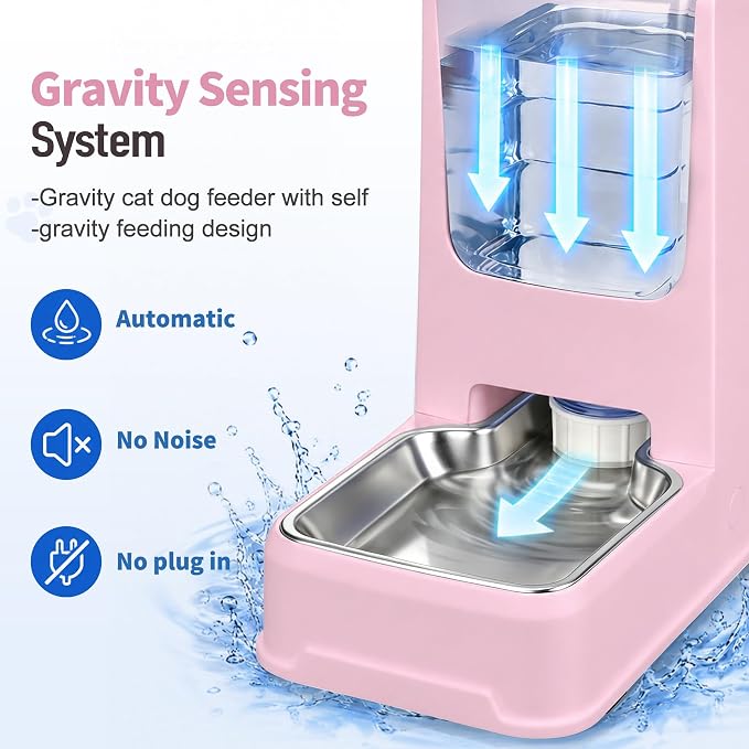 Automatic Cat Dog Feeder and Water Dispenser Set with Stainless Steel Bowl | Automatic Cat Feeder and Water Dispenser Set with Dog Stainless Steel Feed Bowl Pet Gravity Self Feeding and Waterer *2
