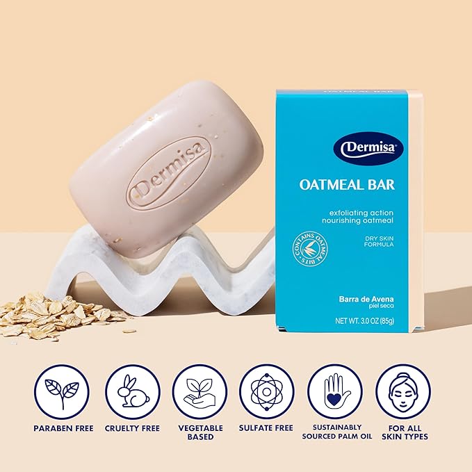 Dermisa Oatmeal Bar with Colloidal Oatmeal and Soothing Aloe Vera - Gently Exfoliating Face and Body Soap for Sensitive and Dry Skin - 3.0 Oz