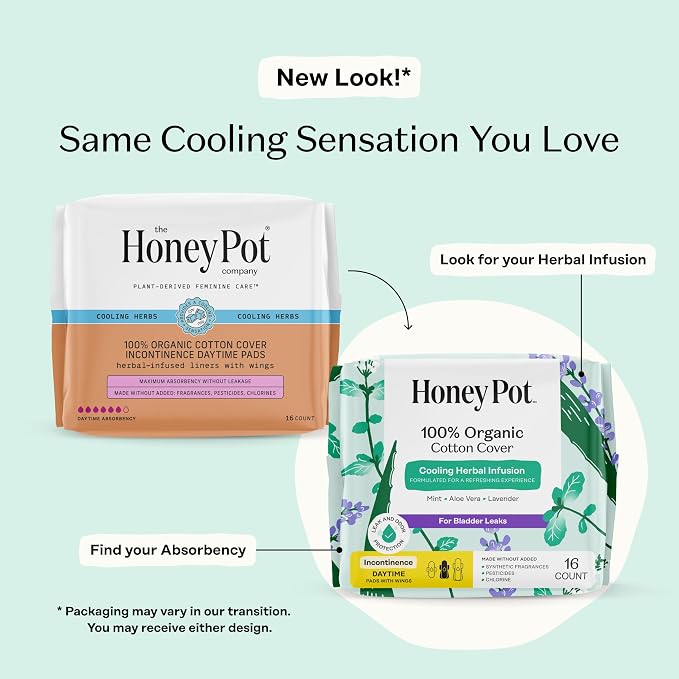 The Honey Pot Company - Herbal Pads for Women - Organic Incontinence Daytime w/Wings. Infused w/Essential Oils for Cooling Effect & Postpartum Essentials - Feminine Care - 16ct.