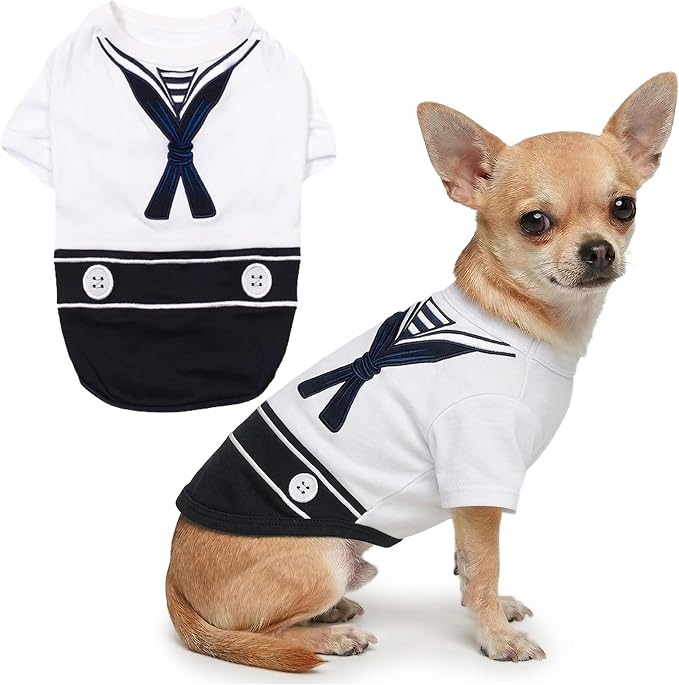 Parisian Pet Sailor Dog Costume - 100% Cotton Dog Clothes for Small Dogs Boys - Lightweight and Breathable Puppy Outfits - Funny Chihuahua Clothes - Cute Navy Pet Shirt - Stretchy T Shirt for Dogs
