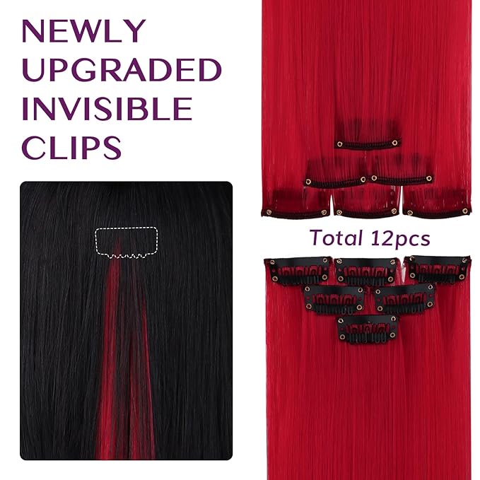IDN BEAUTY Colored Clip in Hair Extension, 12PCS Red 24Inch Invisible Clip Straight Synthetic Hair Pieces for Women, Hair Accessories for Party Cosplay Travel Birthday