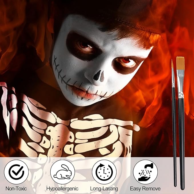Skeleton Halloween Makeup Kit,Black White Light Gray Face Paint Kit,Water Based Light Grey Body Paint for Skull Zombie Makeup,SFX Face Painting Kit with Setting Powder for Adults & Kids