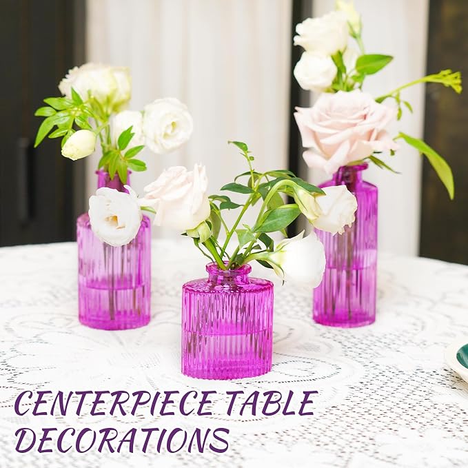 12PCS Hot Pink Vase Small Colored Flower Bud Vases | Glass Bud Vase in Bulk Pink Vases for Centerpieces Vintage Colored Glass Bottles for Home Office Decor