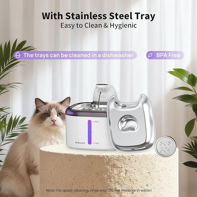 Cat Water Fountain Cordless 118oz/3.5L Wireless & Battery Operated Pet Water Fountain for Indoor Cats, Stainless Steel Tray with Sensor & Timer Modes, Ultra-Quiet, BPA-Free (Cat Fountain+2Filters)