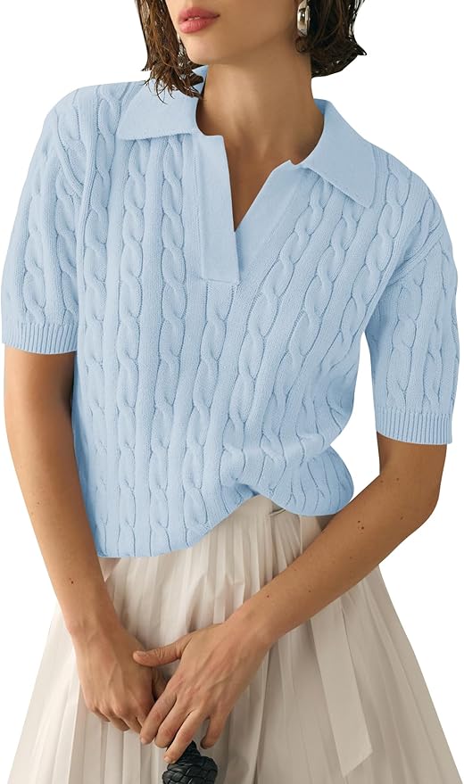 Micoson Womens Short Sleeve Sweater Tops Lapel V Neck Polo Shirts 2026 | Summer Cable Knit Loose Blouses, Business Casual Outfits