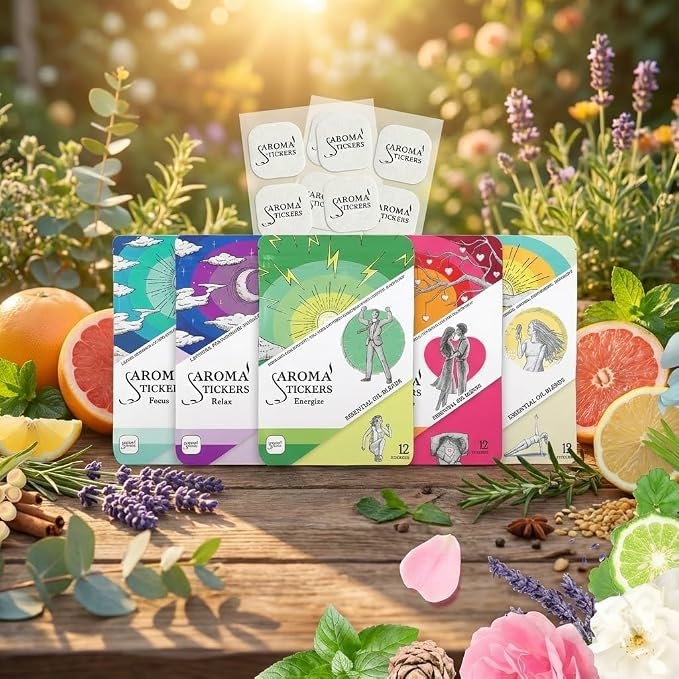 AROMA STICKERS® Original Blend Focus - 100% Natural Essential Oil Scented Stickers for Personal Space - Towels, Blankets, Face Mask & Pillow (Pack of 1, 12 Stickers)