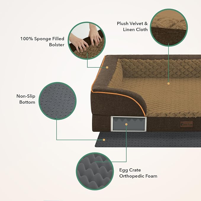 Waterproof Orthopedic Dog Bed for Extra Large Dogs, 48x30in, Brown | Orthopedic Foam Eases Joint Pressure, Bolsters Supports Head And Neck, Washable Pet Beds, Removable Cover, Non-Slip Bottom