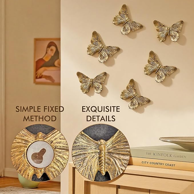 GUSFREUD 3D Butterfly Wall Decor Set – Resin Wall Decor for Living Room, Bedroom, Bathroom, Dining Room, Outdoor and Gallery Walls - Antique Copper - Set of 6