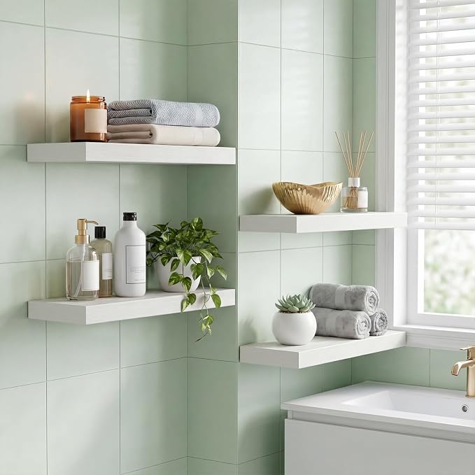 Fixwal Floating Shelves for Wall Decor (White, Set of 4, 15.7 Inch) | MDF Shelves with Metal Brackets, Space Saving for Books, Decor, Works in Bathroom, Kitchen, Living Room, Bedroom
