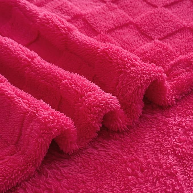 Hot Pink Fleece Throw Blanket 60”×80”Checkered Design for Couch | Super Soft Cozy Plush Microfiber 3D Square Pattern Flannel Blanket for Sofa Bed Lightweight for Adults,Women