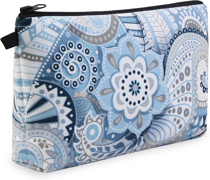 MAGEFY Makeup Bags for Women, Portable Travel Cosmetic Bag with Black Zipper Pouch Waterproof Makeup Pouch Multifunctional Small Bag for Women (1 pack, blue flower 0175)