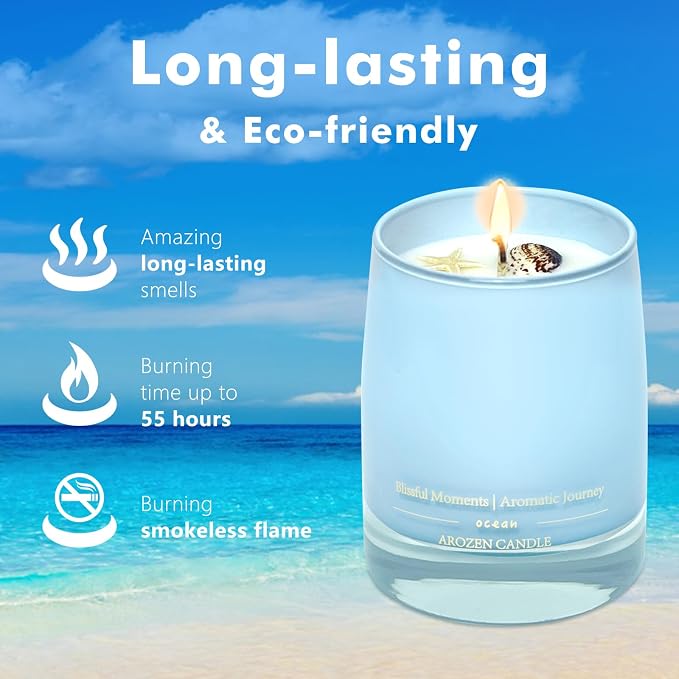 Ocean Scented Candles Gift for Women-10oz Aromatherapy Sea Beach Soy Candles for Home Scented with Healing Crystal inside-55H Burn Gifts for Valentine's Day, Birthday, Women, Mother's Day
