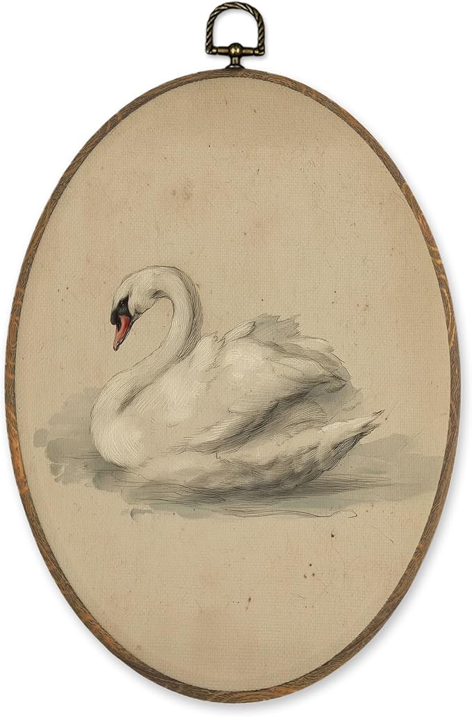 LKETW Vintage Swan Oval Wall Art Decor, Antique Elegant Swan Oval Canvas Hanging Decor, Retro Classical Animal Aesthetic Wall Decorations for Home Bedroom Living Room, 8.6x11.4 Inch