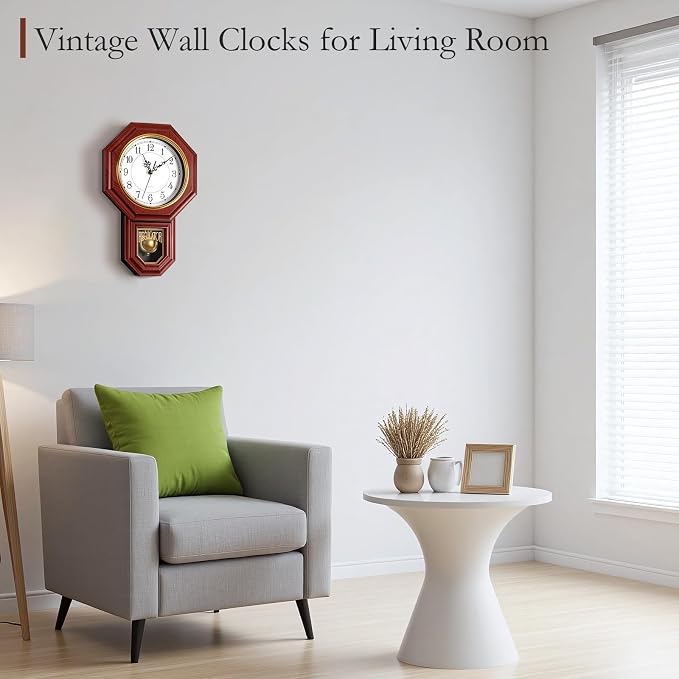 Pendulum Wall Clock,Imitation Wood Plastic Regulator Wall Clocks,Red | Battery Operated,Non-Ticking,Retro Wall Decor Gift,Easy to Read,For Living Room,Dining Room,Schoolhouse,Farmhouse