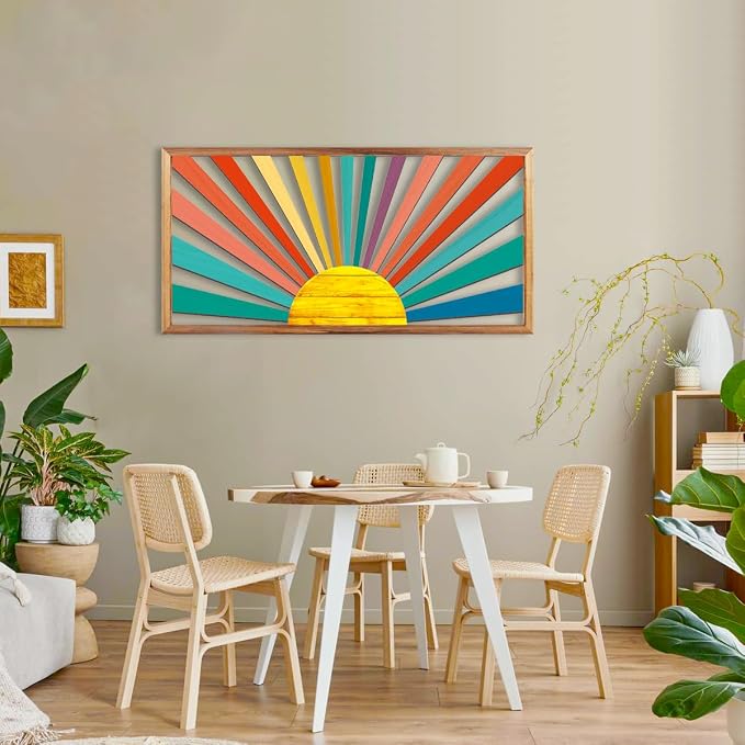 IARTTOP Large Boho Sun Wall Art Framed Wooden Art Wall Decor Colorful Rainbow Geometric Line Sunshine Artwork for Living Room Bedroom Office 16x32 Inch