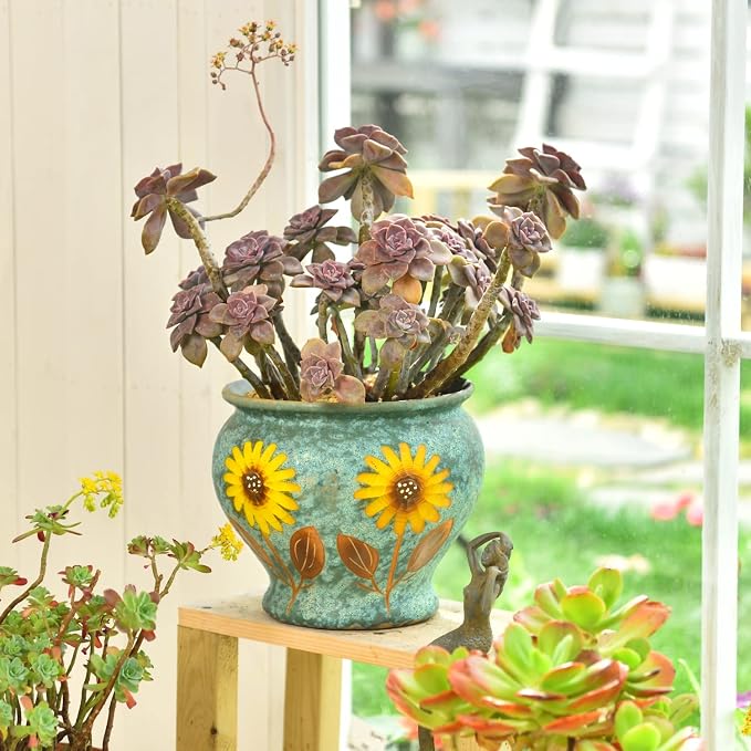 Sungmor 9 Inch Hand Painted Ceramic Succulent Plant Pots - Blue & Daisy | Vintage Decorative Pottery Planters for Indoor Outdoor Plants, Table Centerpieces & Flower Arrangement Home Decor