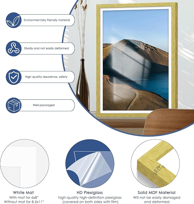 12x18 Picture Frame Set of 6, Wall Mount Display, Gold | Display Pictures 11x17 with Mat or 12x18 Without Mat, Horizontal or Vertical, Gallery Wall Frame Set, Wedding Birthday Gifts