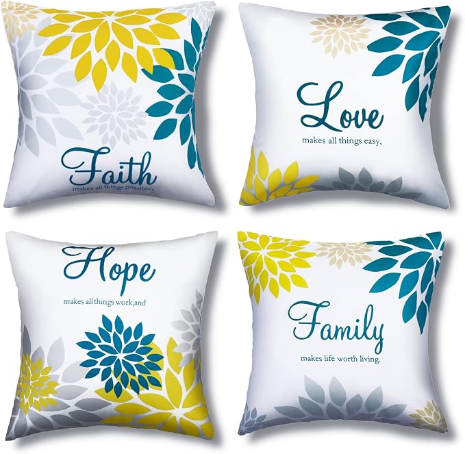 Tatuo 4 Pcs Flower Pillow Covers Square 18 x 18 Inch Blue Series | Pillow Cushion Cases for Sofa Bed, Family Faith Hope Love Words, Decorative Flower Pattern, Living Room Home Decor