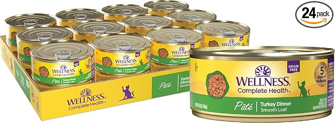 Wellness Complete Health Pate Adult Canned Wet Cat Food, Natural, Protein Rich, Grain Free, Turkey Dinner Recipe, 5.5 oz, Pack of 24 Cans